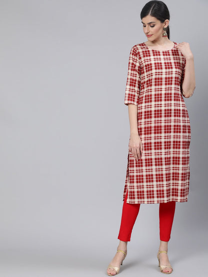 Women Cream & Red Checked Straight Kurta With Three Quarter Sleeves