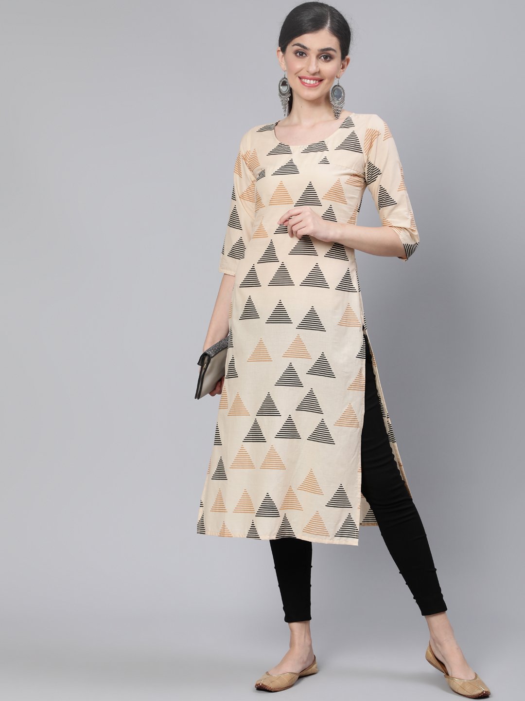 Women Beige Printed Straight Kurta With Three Quarter Sleeves