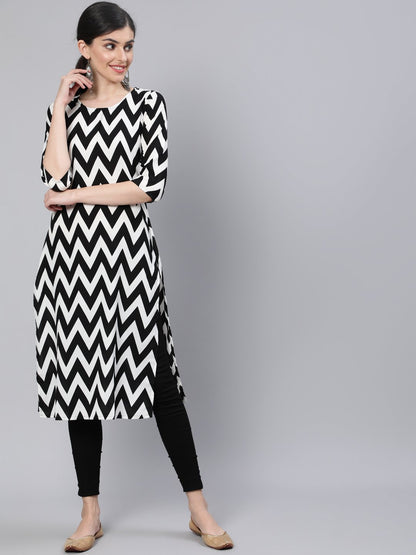 Women Black & White Zig-Zac  Straight Kurta With Three Quarter Sleeves