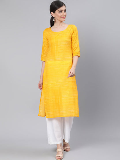 Women Yellow Straight Kurta With Three Quarter Sleeves