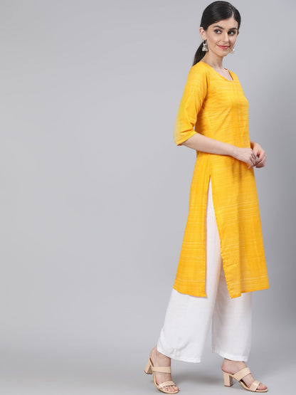 Women Yellow Straight Kurta With Three Quarter Sleeves