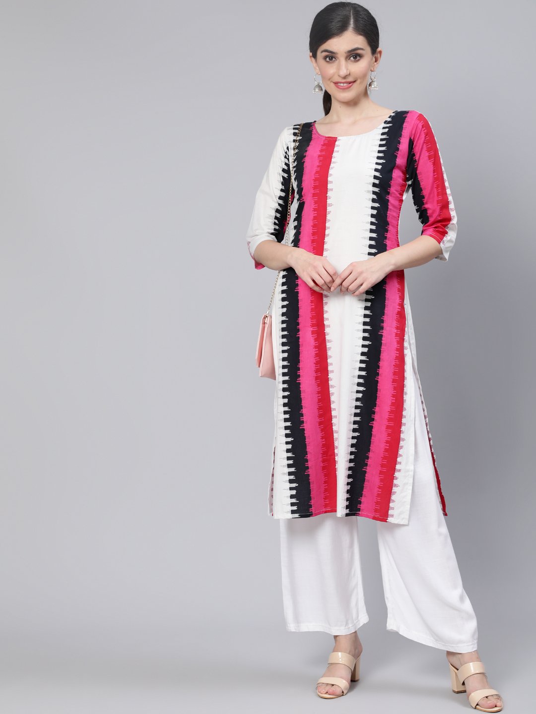 Women Multi Straight Kurta With Three Quarter Sleeves