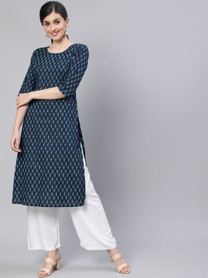 Women Navy Blue Straight Kurta With Three Quarter Sleeves