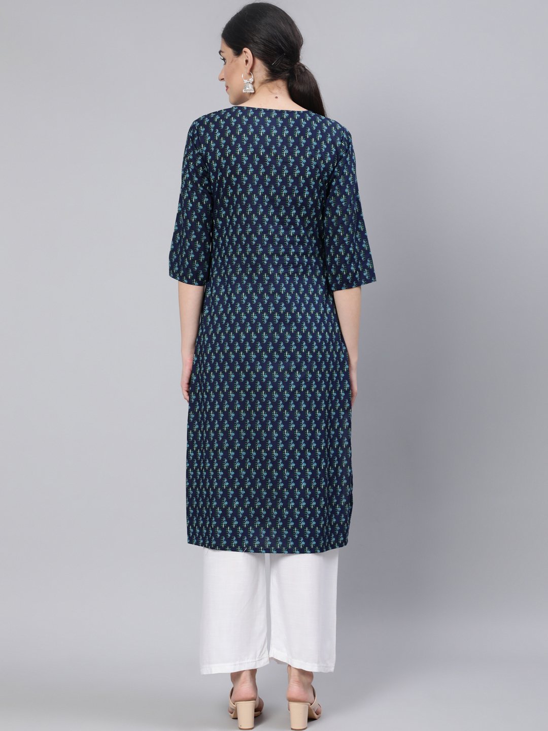 Women Navy Blue Straight Kurta With Three Quarter Sleeves