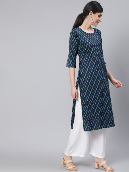 Women Navy Blue Straight Kurta With Three Quarter Sleeves