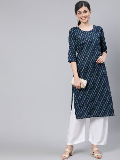 Women Navy Blue Straight Kurta With Three Quarter Sleeves