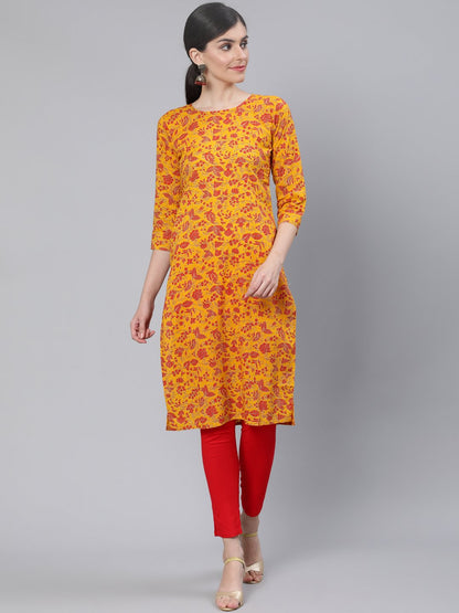 Women Mustard Floral Printed Straight Kurta With Three Quarter Sleeves