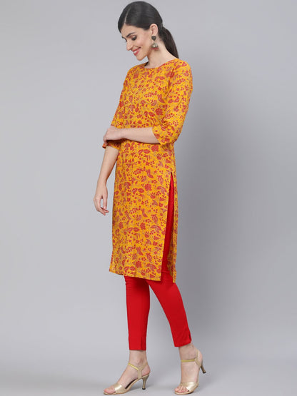 Women Mustard Floral Printed Straight Kurta With Three Quarter Sleeves