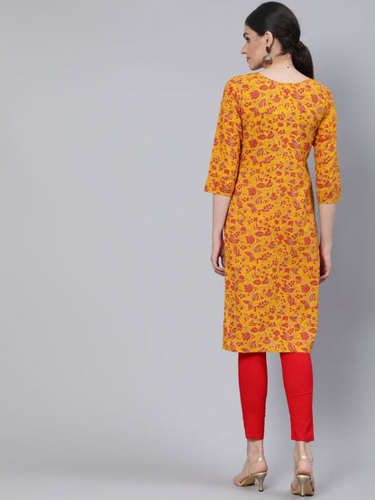 Women Mustard Floral Printed Straight Kurta With Three Quarter Sleeves