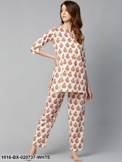 White & Coral Orange Printed Night suit