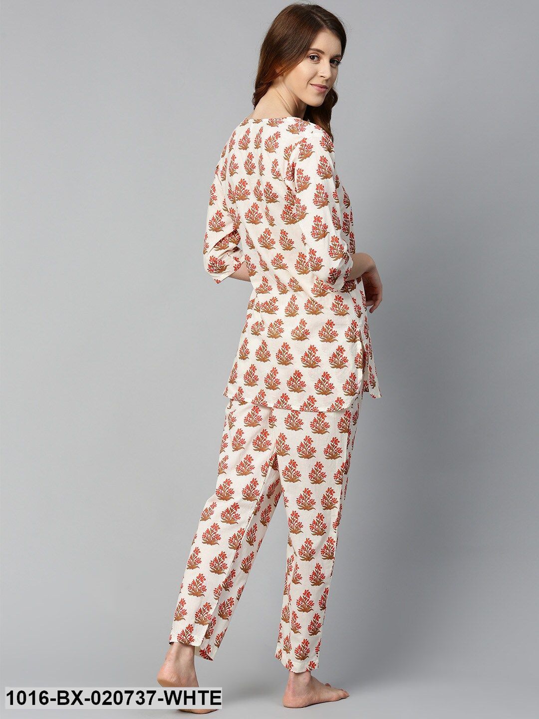 White & Coral Orange Printed Night suit