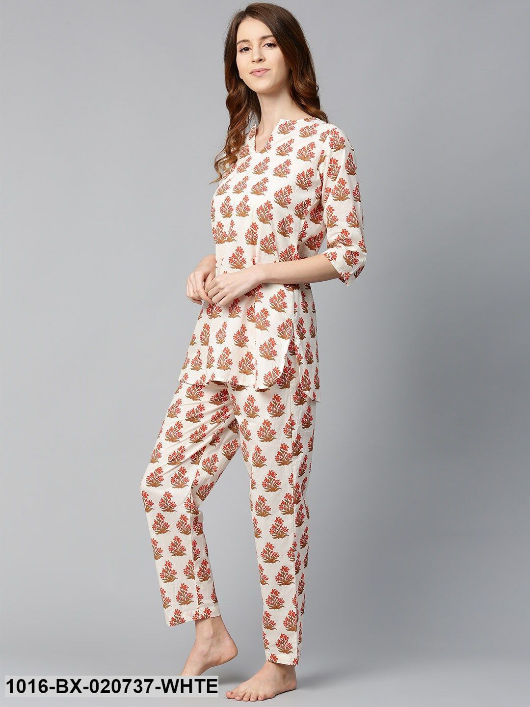 White & Coral Orange Printed Night suit