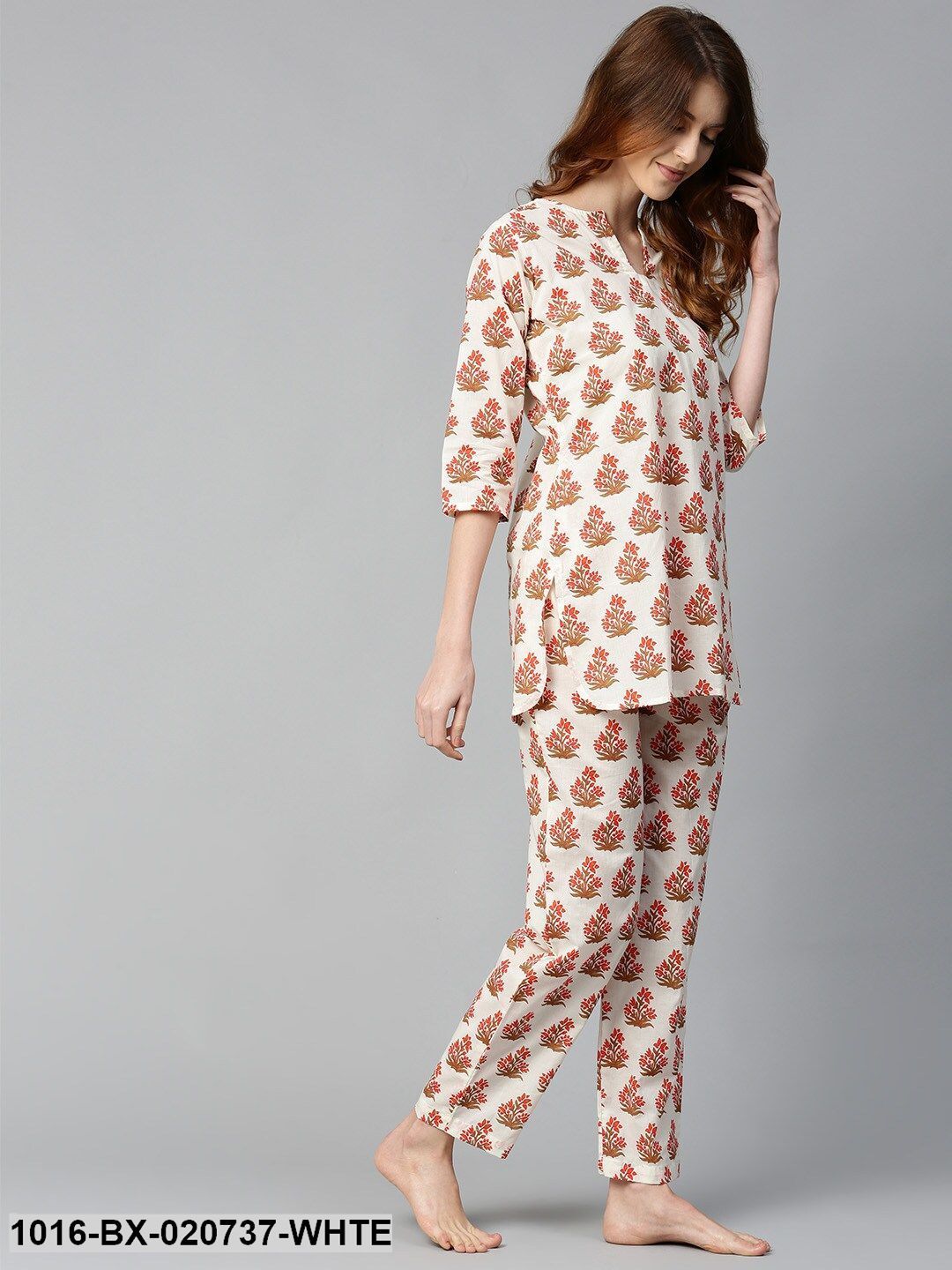 White & Coral Orange Printed Night suit