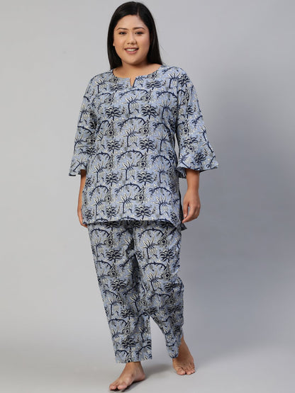 Women Blue Printed Night Suit