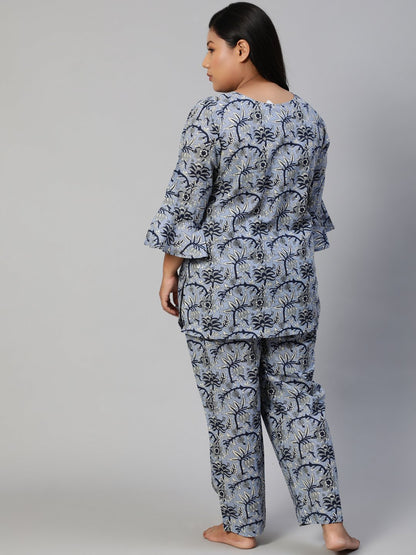 Women Blue Printed Night Suit