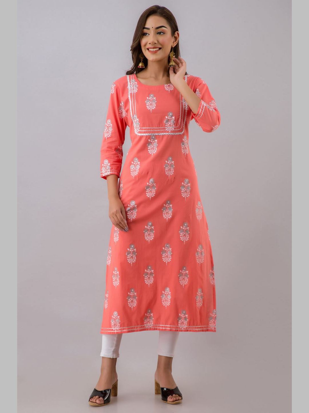 Women Cotton Printed Round Neck 3/4 Sleeve Straight Calf Length Kurta