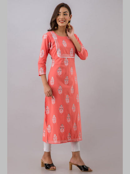 Women Cotton Printed Round Neck 3/4 Sleeve Straight Calf Length Kurta