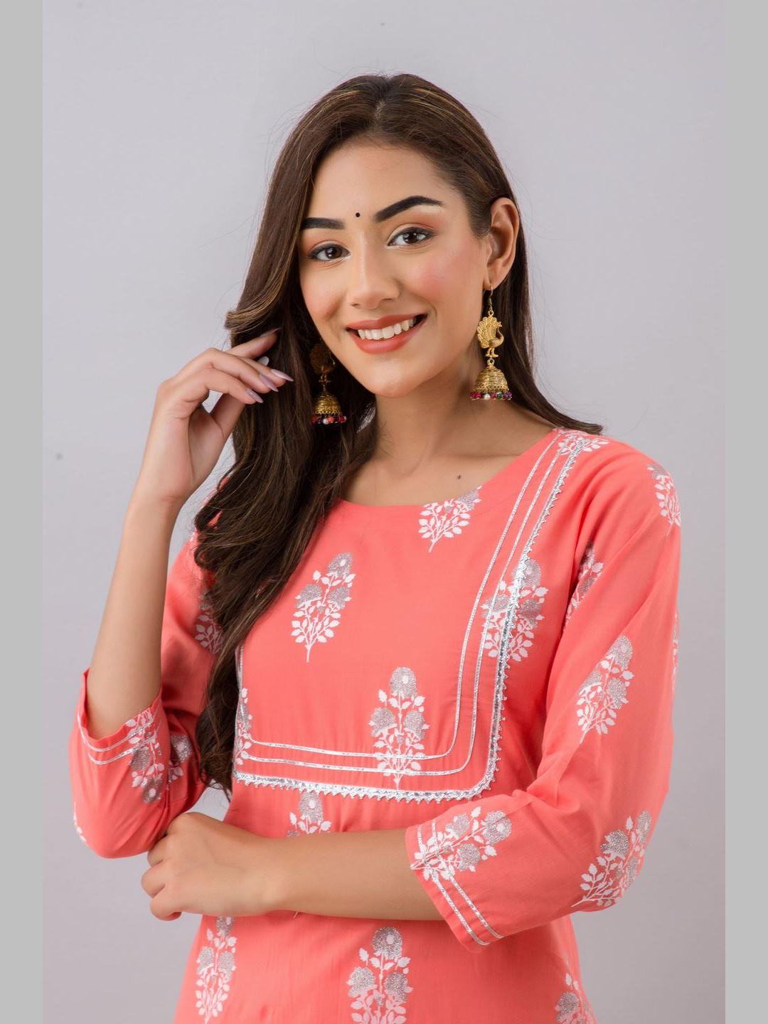 Women Cotton Printed Round Neck 3/4 Sleeve Straight Calf Length Kurta