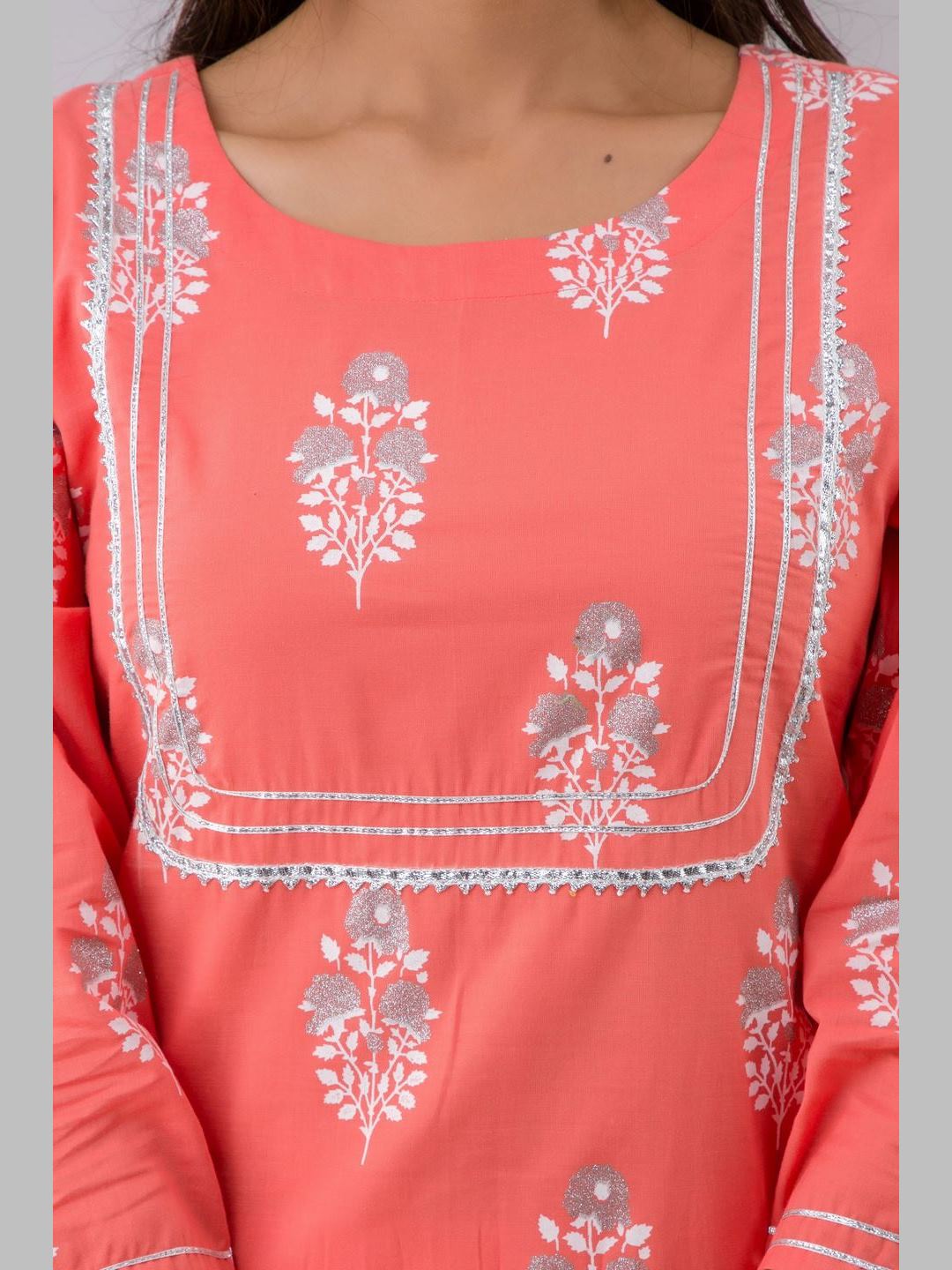 Women Cotton Printed Round Neck 3/4 Sleeve Straight Calf Length Kurta