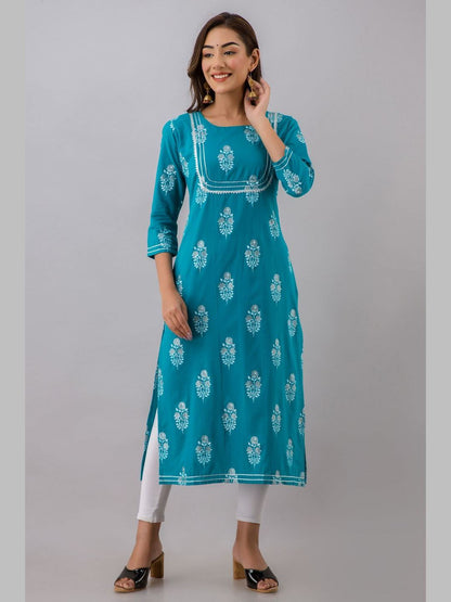 Women Cotton Printed Round Neck 3/4 Sleeve Straight Calf Length Kurta