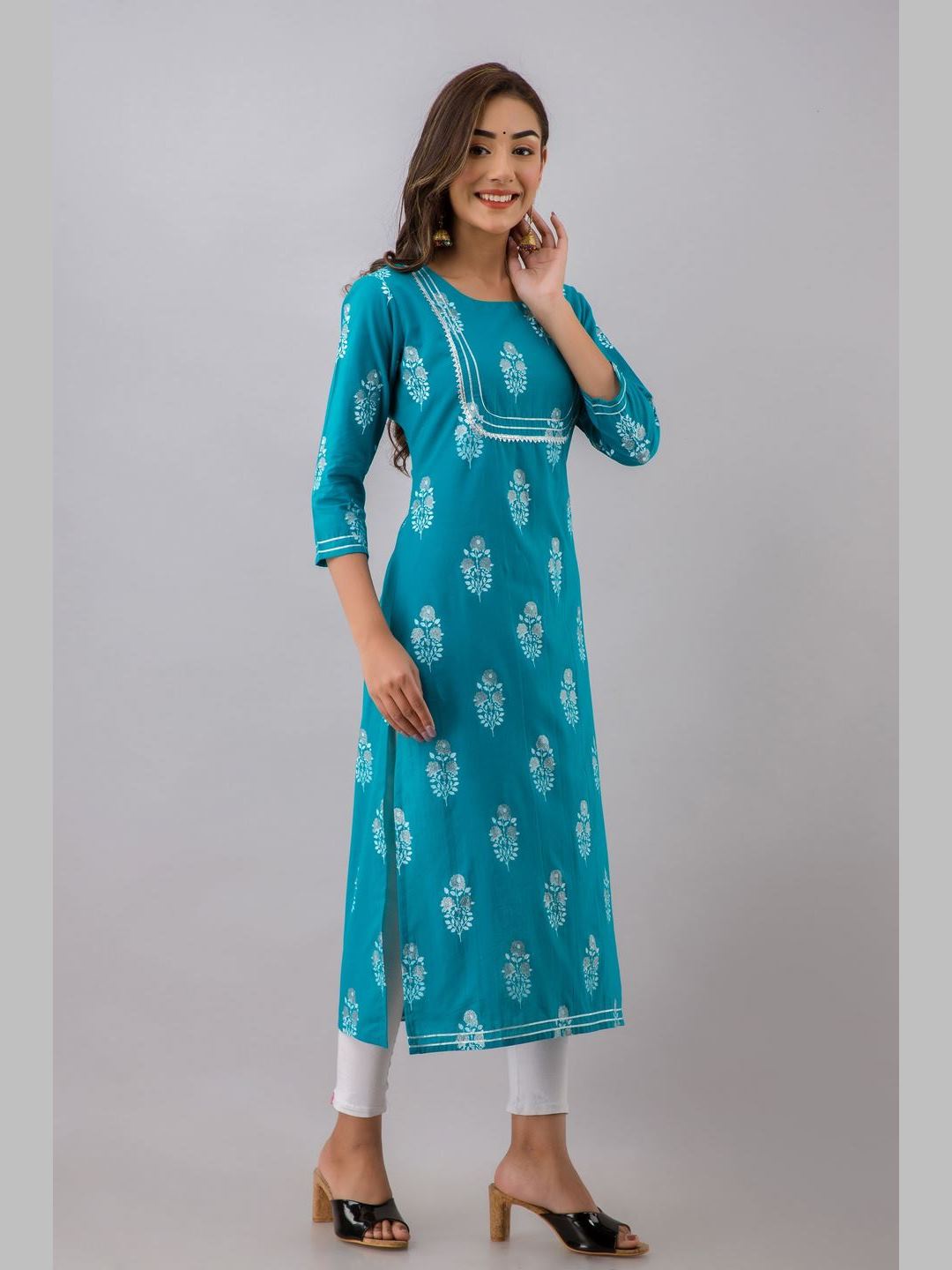 Women Cotton Printed Round Neck 3/4 Sleeve Straight Calf Length Kurta