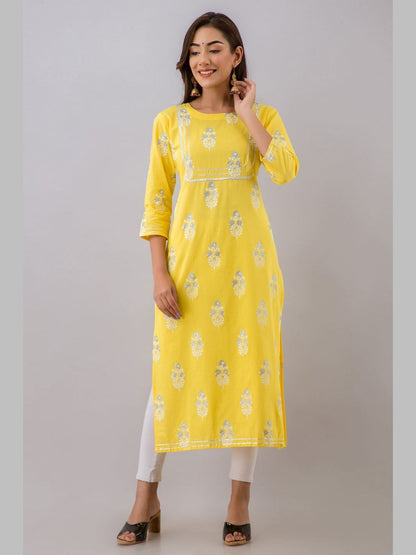 Women Cotton Printed Round Neck 3/4 Sleeve Straight Calf Length Kurta