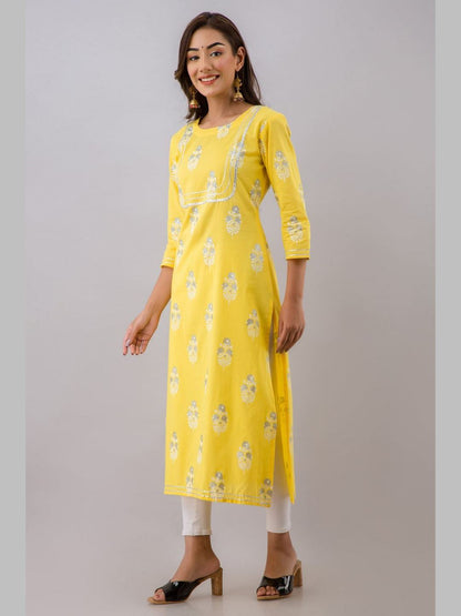 Women Cotton Printed Round Neck 3/4 Sleeve Straight Calf Length Kurta