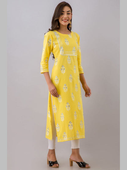 Women Cotton Printed Round Neck 3/4 Sleeve Straight Calf Length Kurta