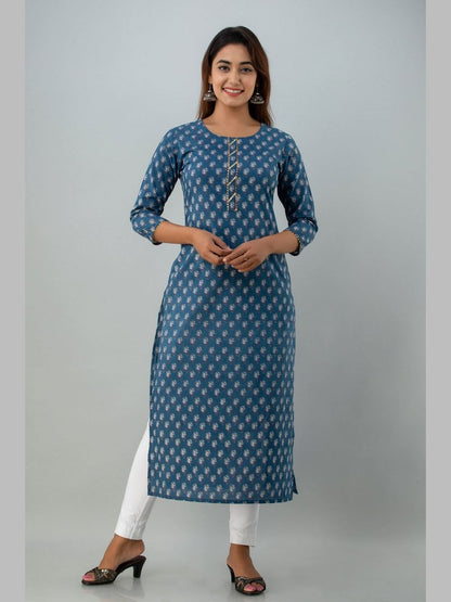 Women Cotton Printed Round Neck 3/4 Sleeve Straight Calf Length Kurta