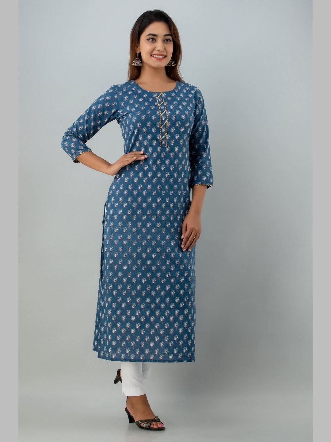 Women Cotton Printed Round Neck 3/4 Sleeve Straight Calf Length Kurta