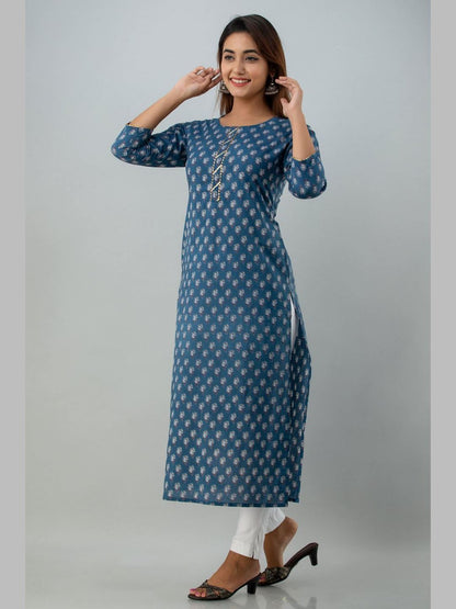 Women Cotton Printed Round Neck 3/4 Sleeve Straight Calf Length Kurta