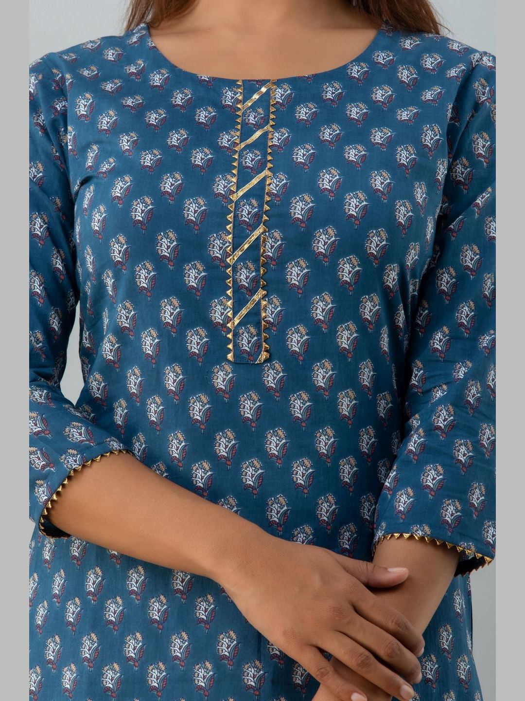 Women Cotton Printed Round Neck 3/4 Sleeve Straight Calf Length Kurta