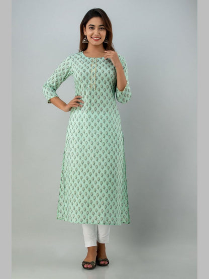 Women Cotton Printed Round Neck 3/4 Sleeve Straight Calf Length Kurta