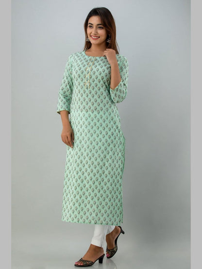 Women Cotton Printed Round Neck 3/4 Sleeve Straight Calf Length Kurta