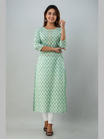 Women Cotton Printed Round Neck 3/4 Sleeve Straight Calf Length Kurta