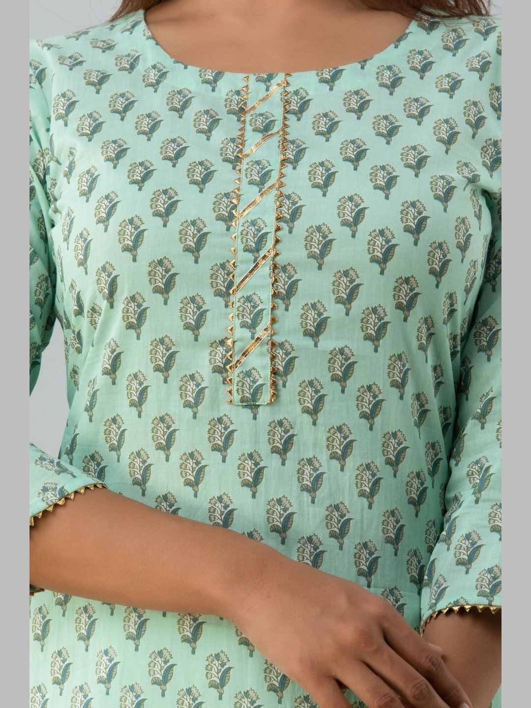 Women Cotton Printed Round Neck 3/4 Sleeve Straight Calf Length Kurta