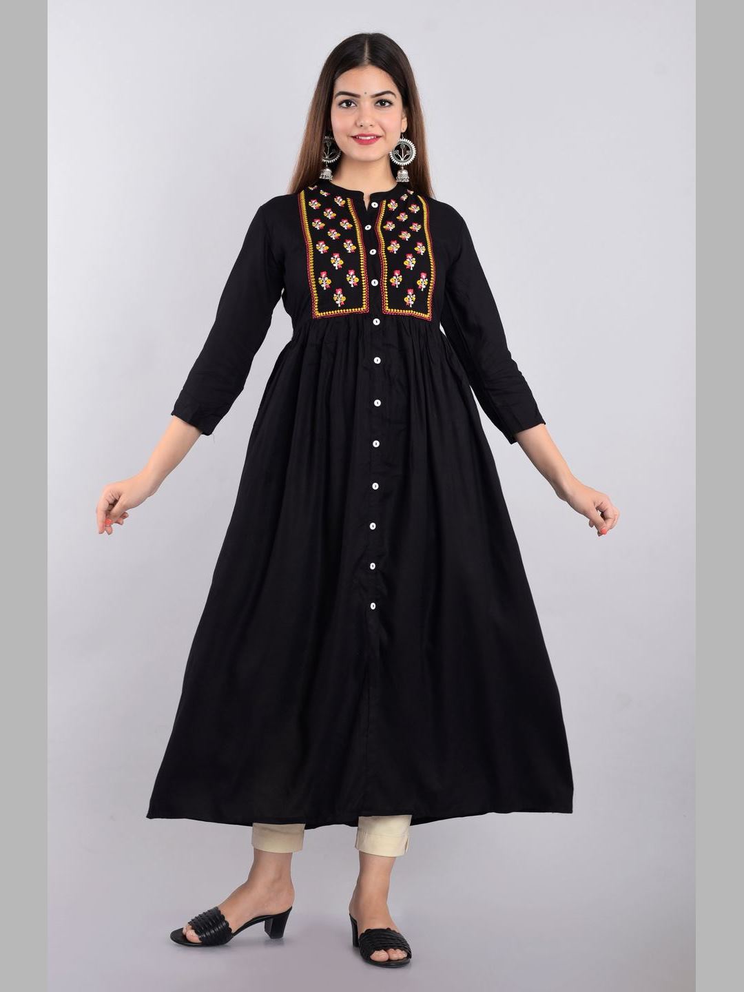 Women Rayon Embroidered Flared Kurta