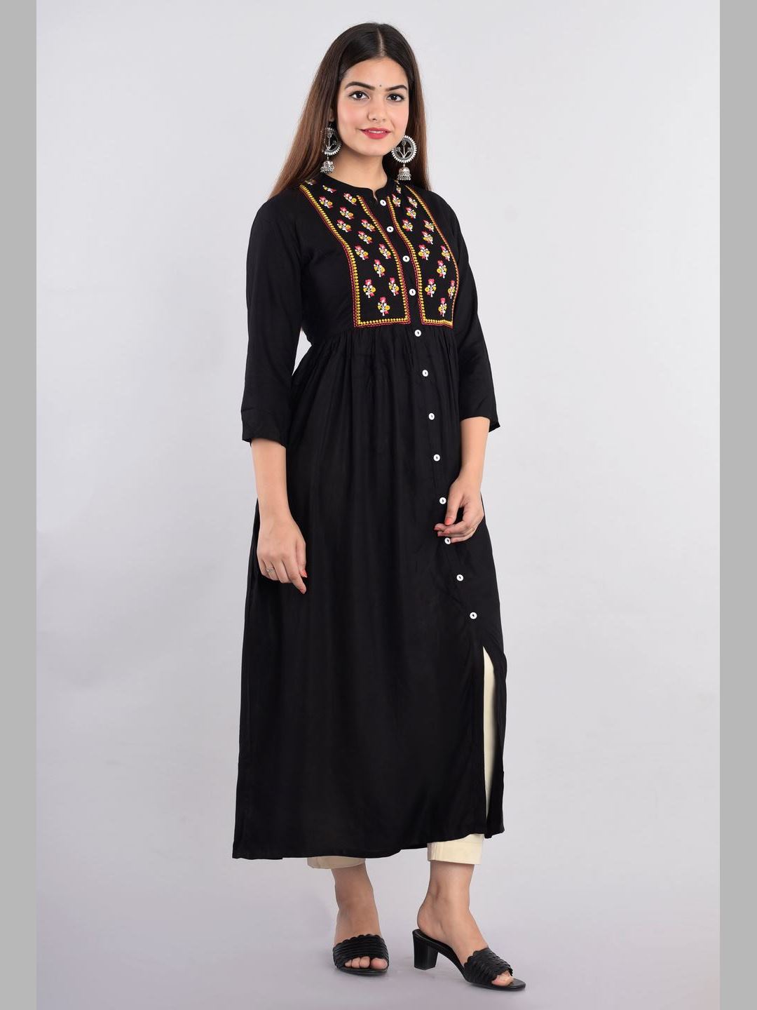 Women Rayon Embroidered Flared Kurta