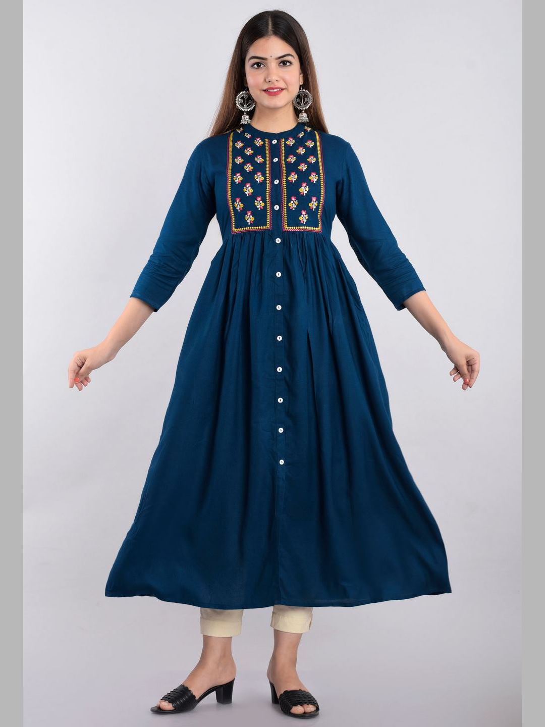 Women Rayon Embroidered Flared Kurta