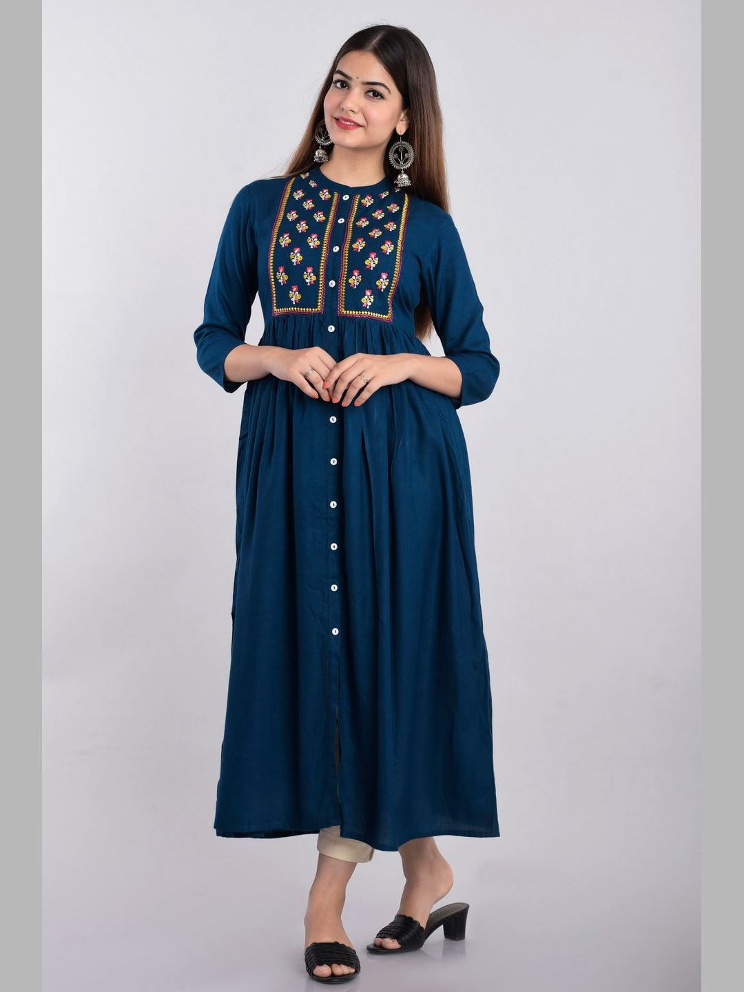 Women Rayon Embroidered Flared Kurta