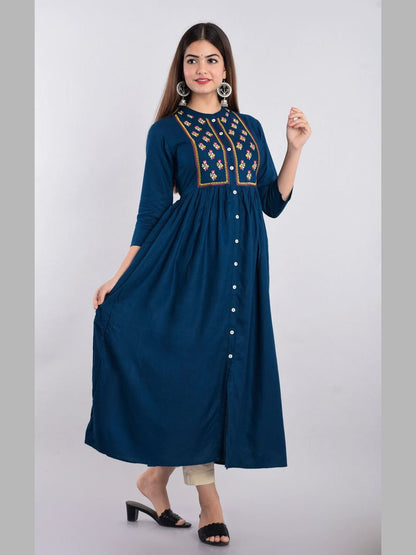 Women Rayon Embroidered Flared Kurta