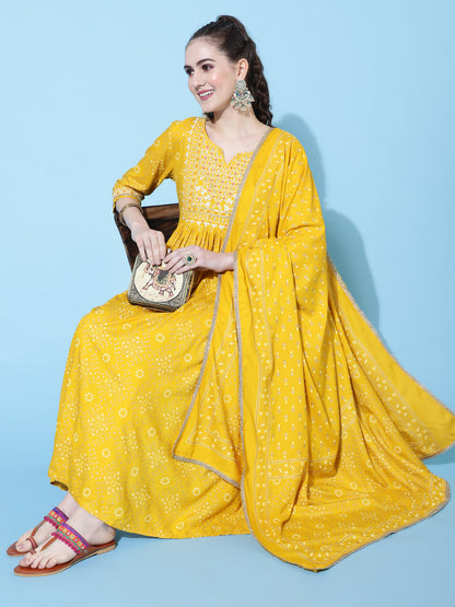 Rayon Printed Calf Length Semi-Flared 3/4 Sleeve Round Kurta Bottom Dupatta Set