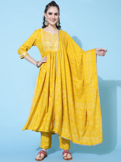 Rayon Printed Calf Length Semi-Flared 3/4 Sleeve Round Kurta Bottom Dupatta Set