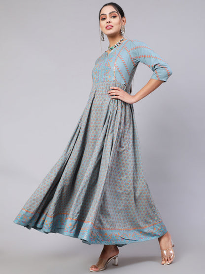 Rayon Ankle Length Printed Flared 3/4 Sleeve Round Neck Kurta