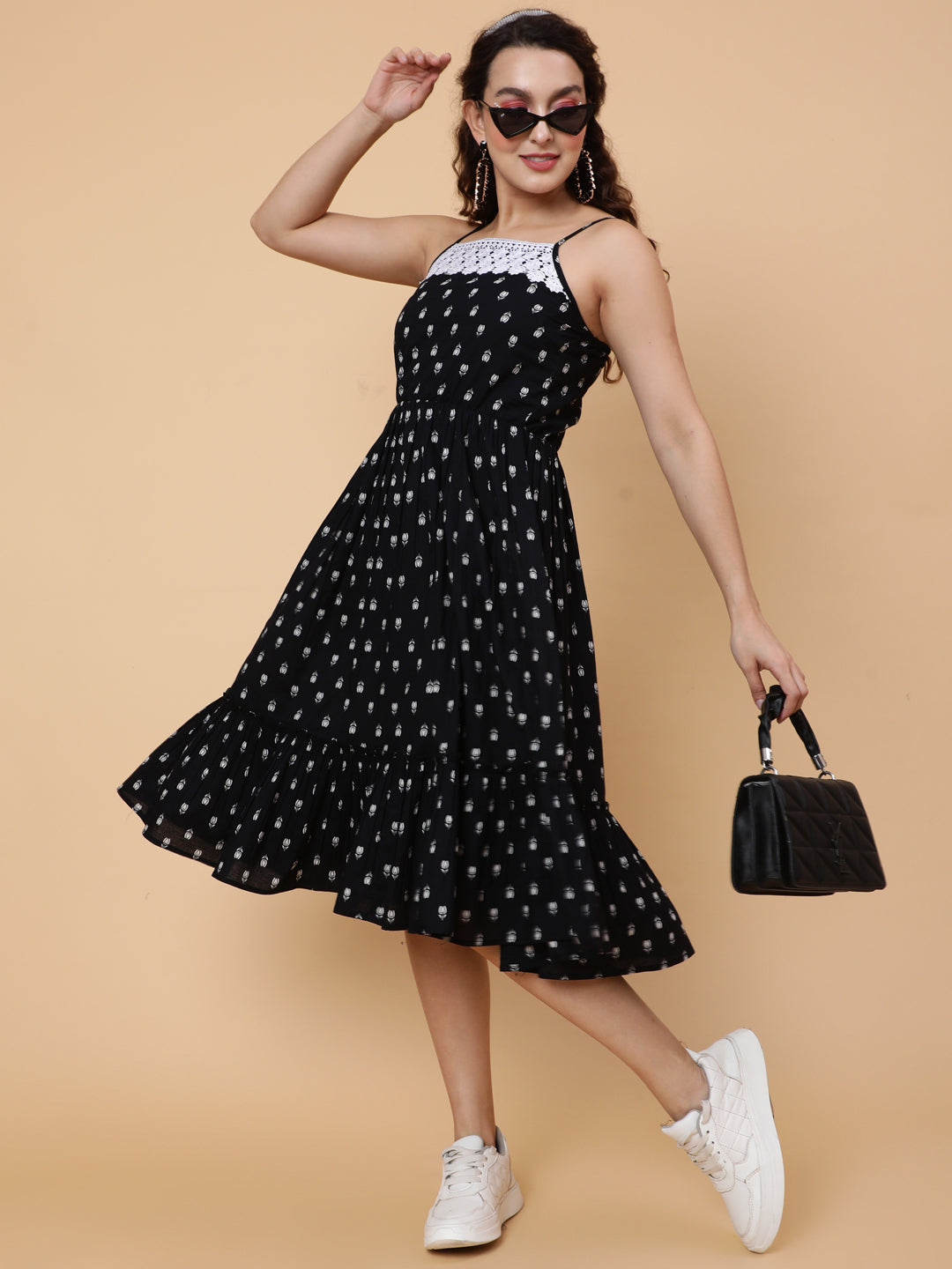 Cotton Knee Printed Flared Strappy Sleeves Square Dress