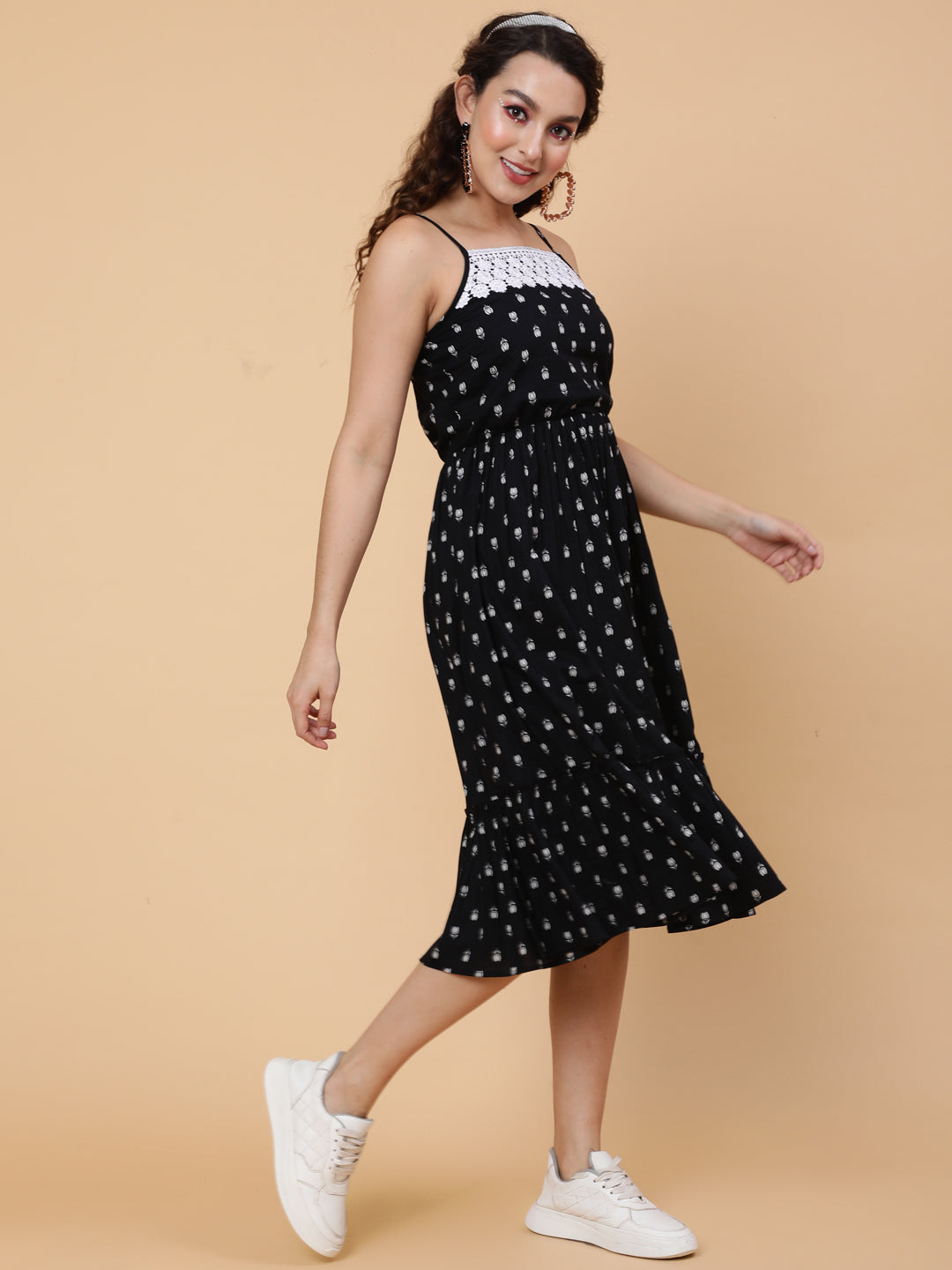 Cotton Knee Printed Flared Strappy Sleeves Square Dress