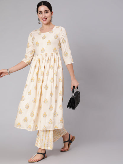 Rayon Calf Length Printed Flared 3/4 Sleeve Round Neck Kurta Set