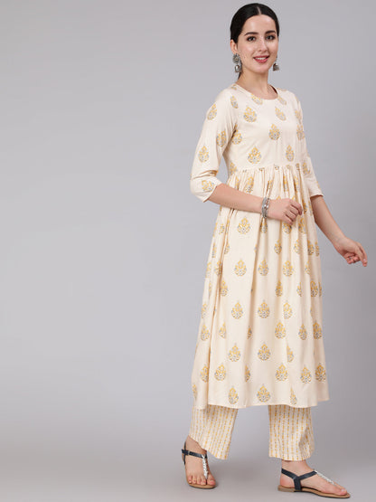 Rayon Calf Length Printed Flared 3/4 Sleeve Round Neck Kurta Set