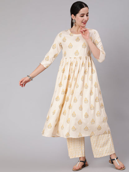 Rayon Calf Length Printed Flared 3/4 Sleeve Round Neck Kurta Set