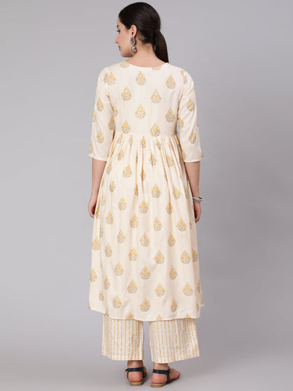 Rayon Calf Length Printed Flared 3/4 Sleeve Round Neck Kurta Set